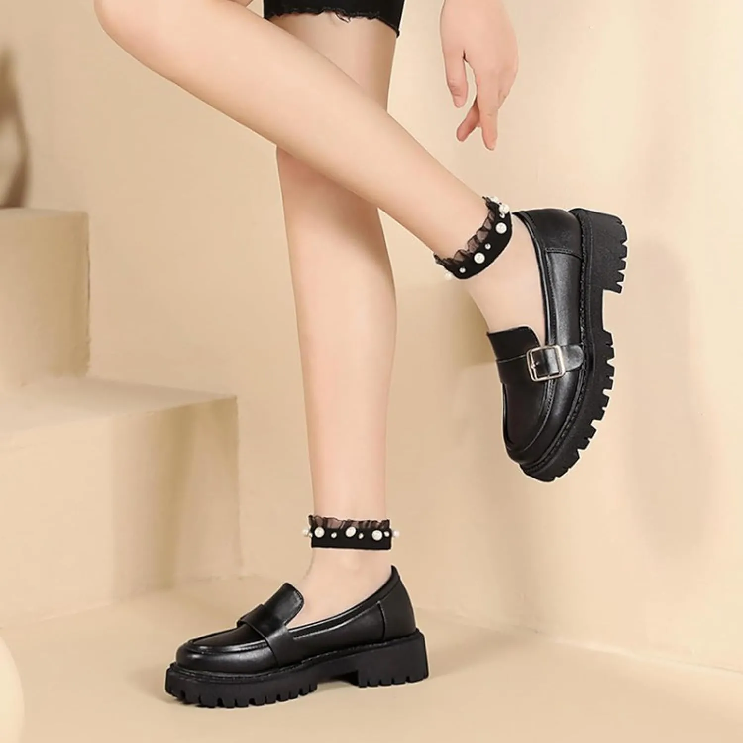 Women's Leather Chunky Heel Loafers Fashion Monk Strap Buckle Decorate Comfort Slip-On Round Toe Platform Lug Sole Work Business Penny Loafer for Office Uniform