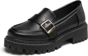 Women's Leather Chunky Heel Loafers Fashion Monk Strap Buckle Decorate Comfort Slip-On Round Toe Platform Lug Sole Work Business Penny Loafer for Office Uniform