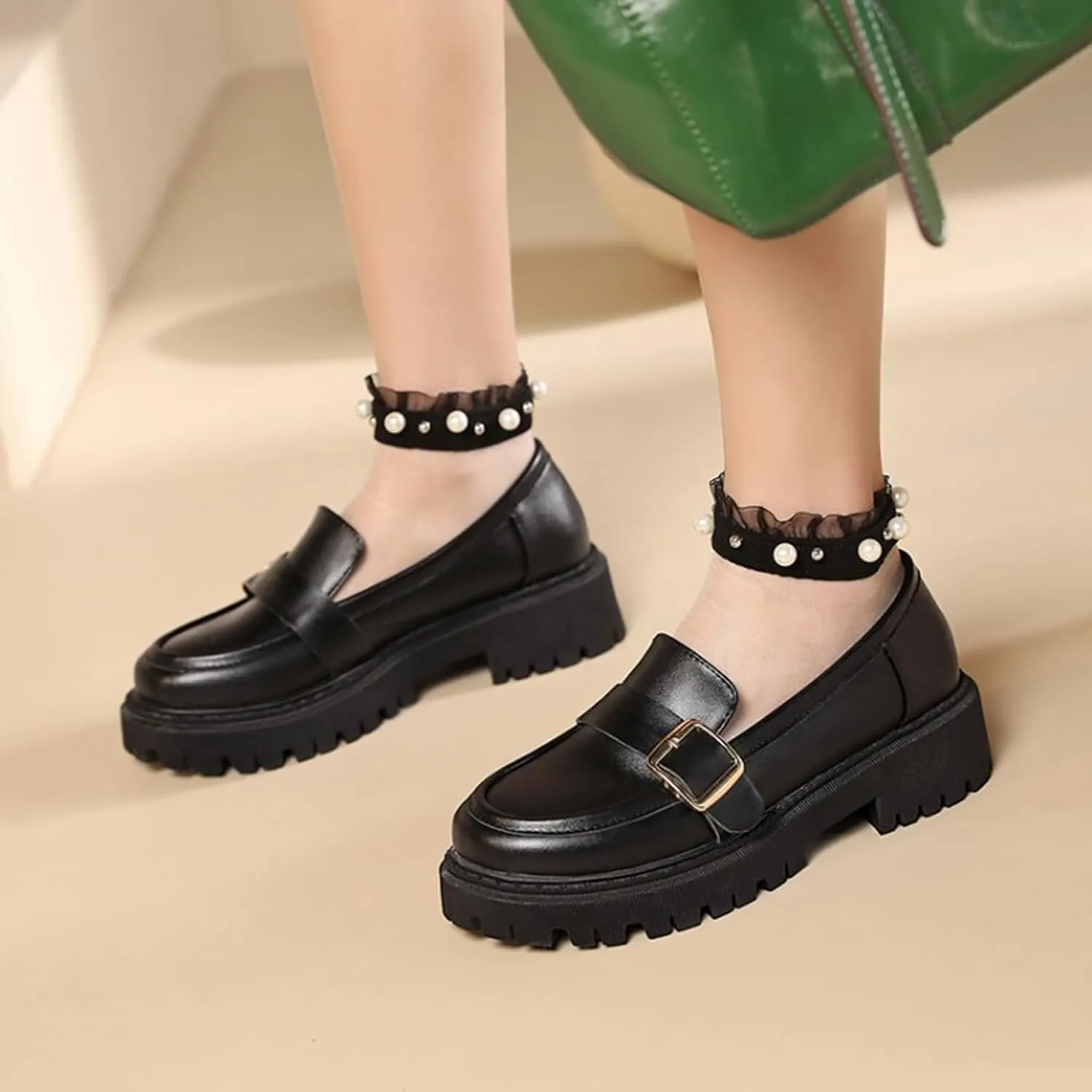 Women's Leather Chunky Heel Loafers Fashion Monk Strap Buckle Decorate Comfort Slip-On Round Toe Platform Lug Sole Work Business Penny Loafer for Office Uniform