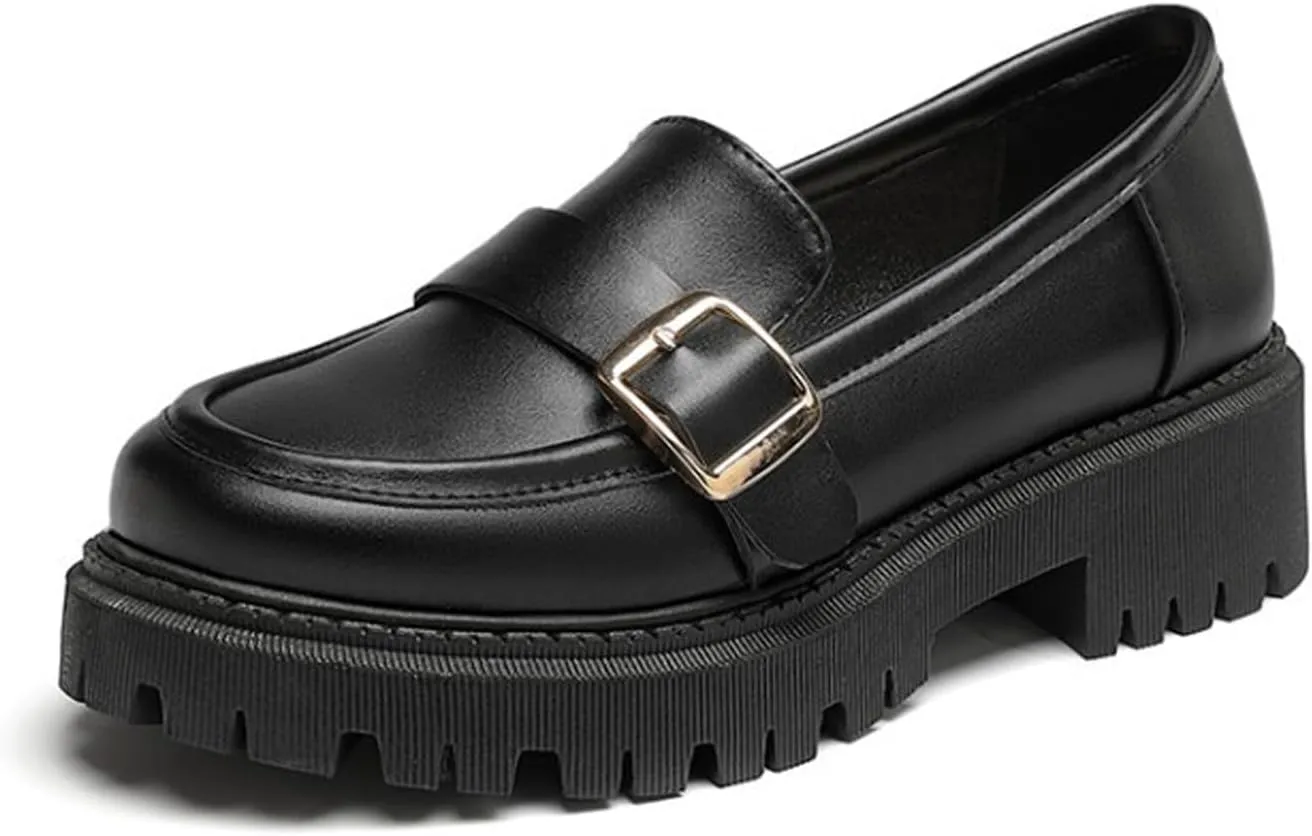 Women's Leather Chunky Heel Loafers Fashion Monk Strap Buckle Decorate Comfort Slip-On Round Toe Platform Lug Sole Work Business Penny Loafer for Office Uniform