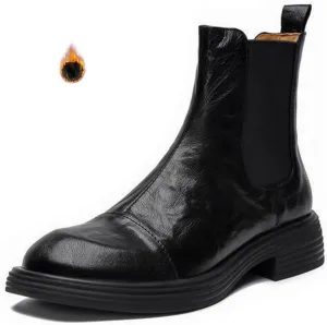 Women's Leather Low Heel Chelsea Boots Comfortable Round Toe Platform Slip On Retro Elastic Ankle Boots Fall Winter Fashion Dress Booties