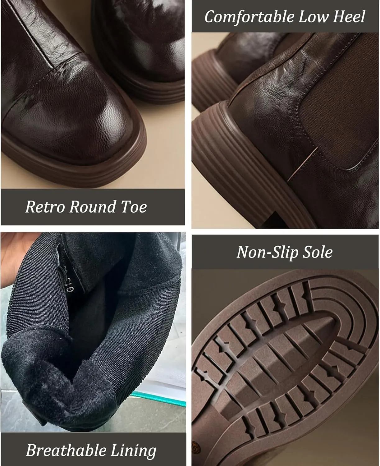 Women's Leather Low Heel Chelsea Boots Comfortable Round Toe Platform Slip On Retro Elastic Ankle Boots Fall Winter Fashion Dress Booties