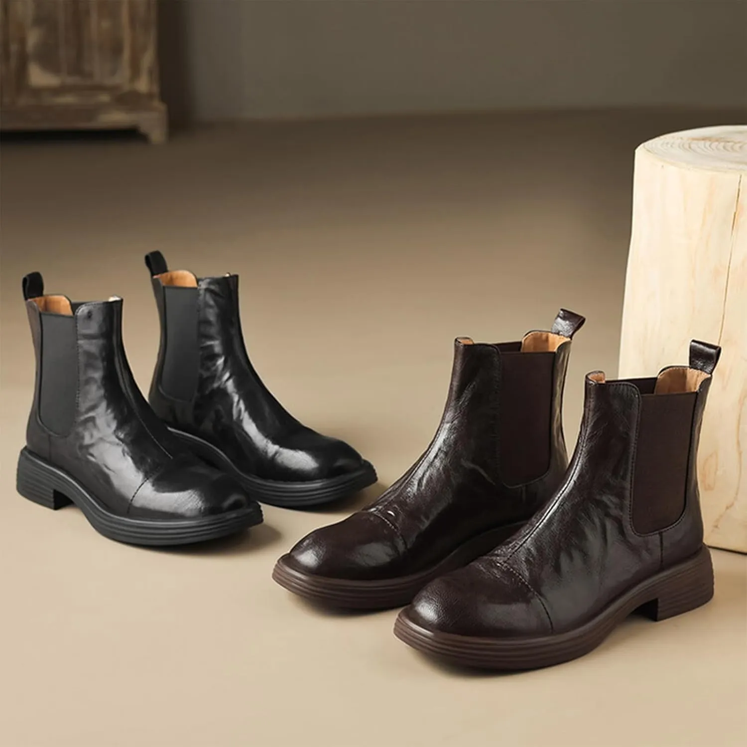 Women's Leather Low Heel Chelsea Boots Comfortable Round Toe Platform Slip On Retro Elastic Ankle Boots Fall Winter Fashion Dress Booties