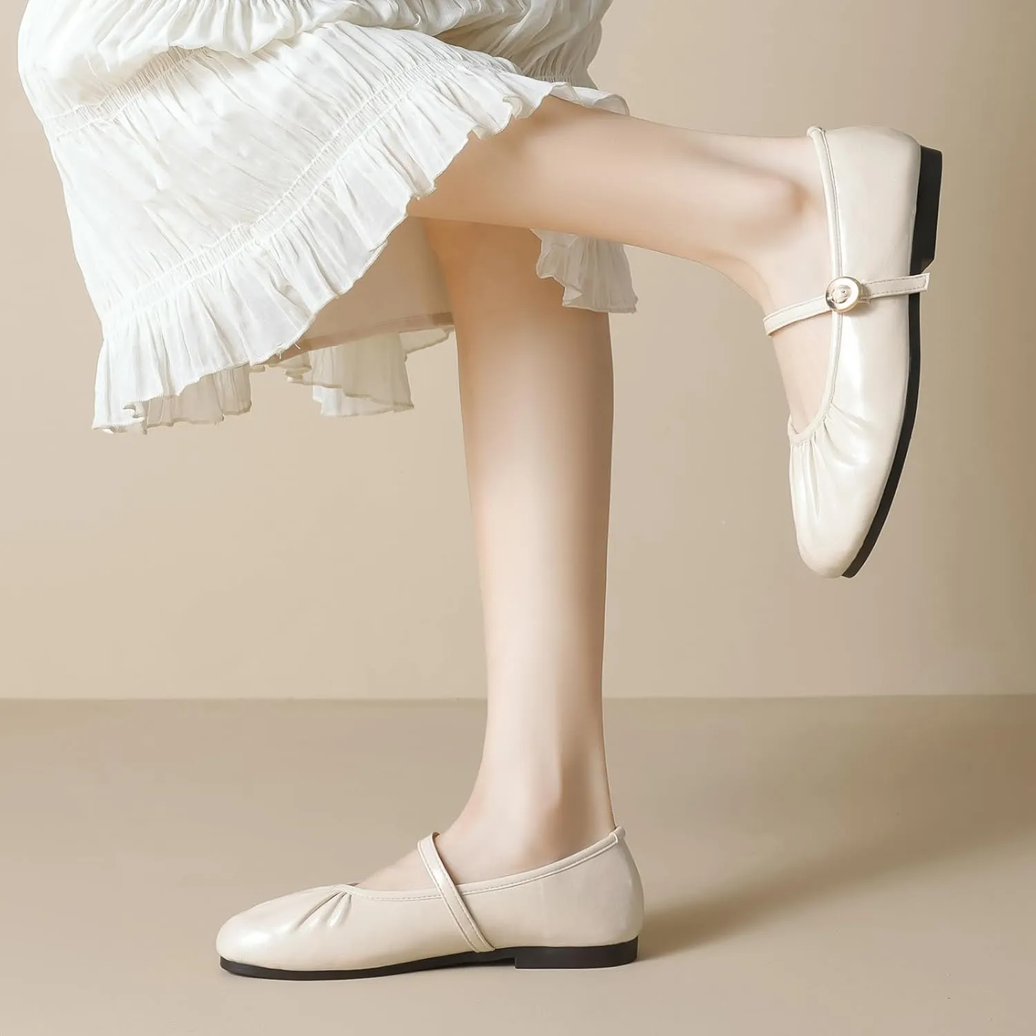 Women's Leather Wide Square Toe Mary Jane Flats Fashion Single Strap Shallow Mouth Slip On Casual Ballets Comfortable Luxury Business Wedding Dress Shoes