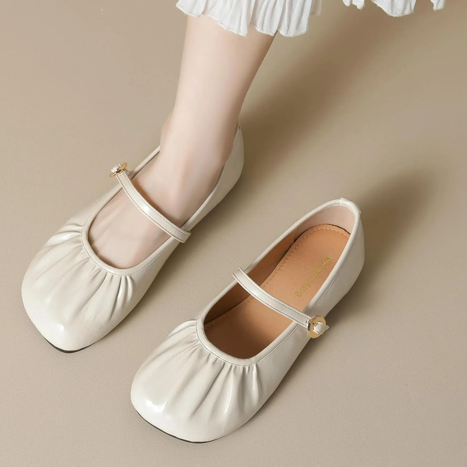 Women's Leather Wide Square Toe Mary Jane Flats Fashion Single Strap Shallow Mouth Slip On Casual Ballets Comfortable Luxury Business Wedding Dress Shoes