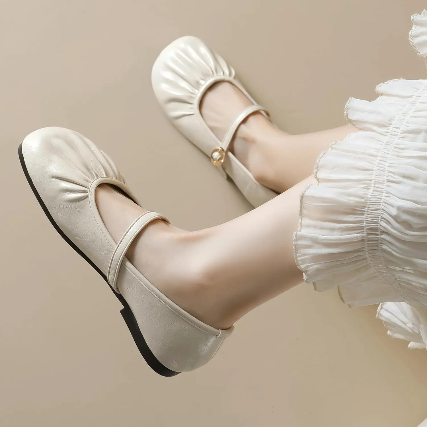 Women's Leather Wide Square Toe Mary Jane Flats Fashion Single Strap Shallow Mouth Slip On Casual Ballets Comfortable Luxury Business Wedding Dress Shoes