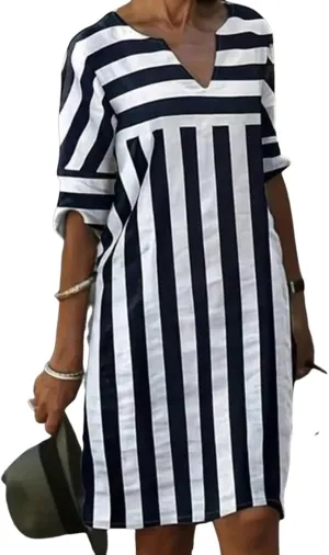 Womens Loose Fit Striped V Neck 3/4 Sleeve Mini Dress 2025 Summer Semi Casual Shift Daily Work Dress