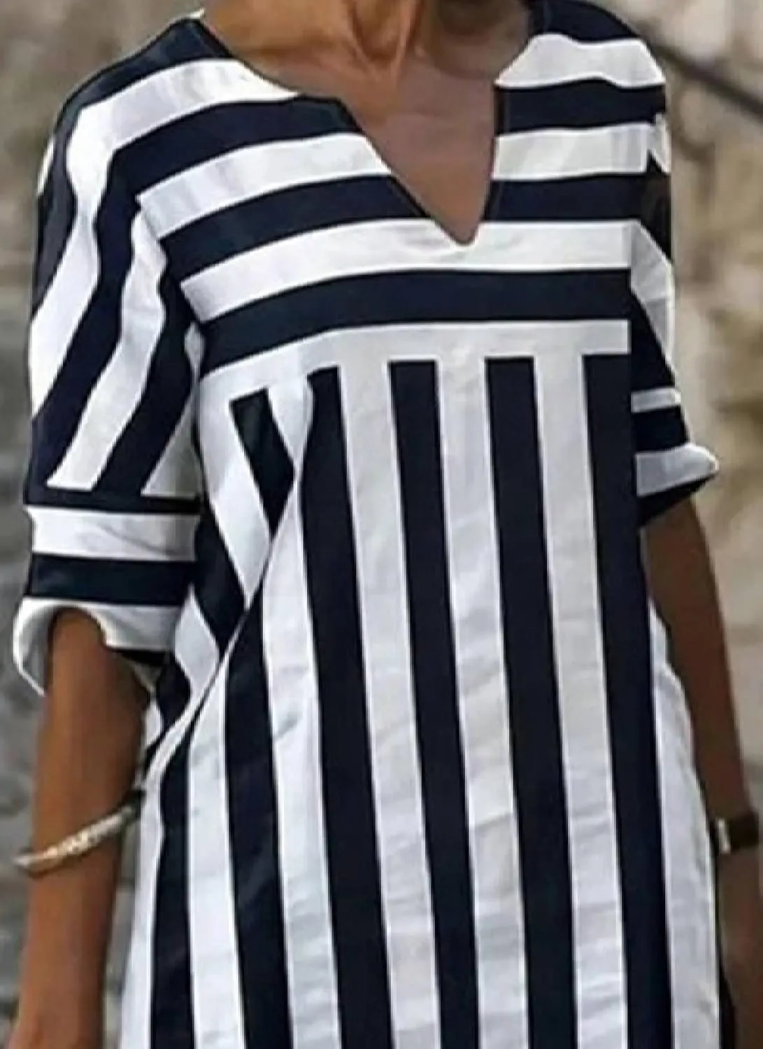 Womens Loose Fit Striped V Neck 3/4 Sleeve Mini Dress 2025 Summer Semi Casual Shift Daily Work Dress