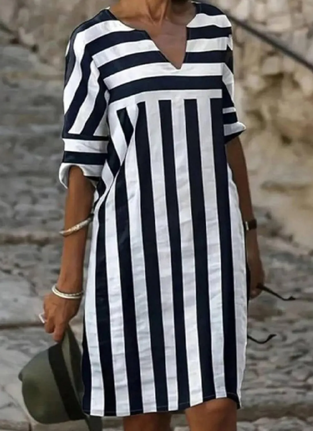 Womens Loose Fit Striped V Neck 3/4 Sleeve Mini Dress 2025 Summer Semi Casual Shift Daily Work Dress