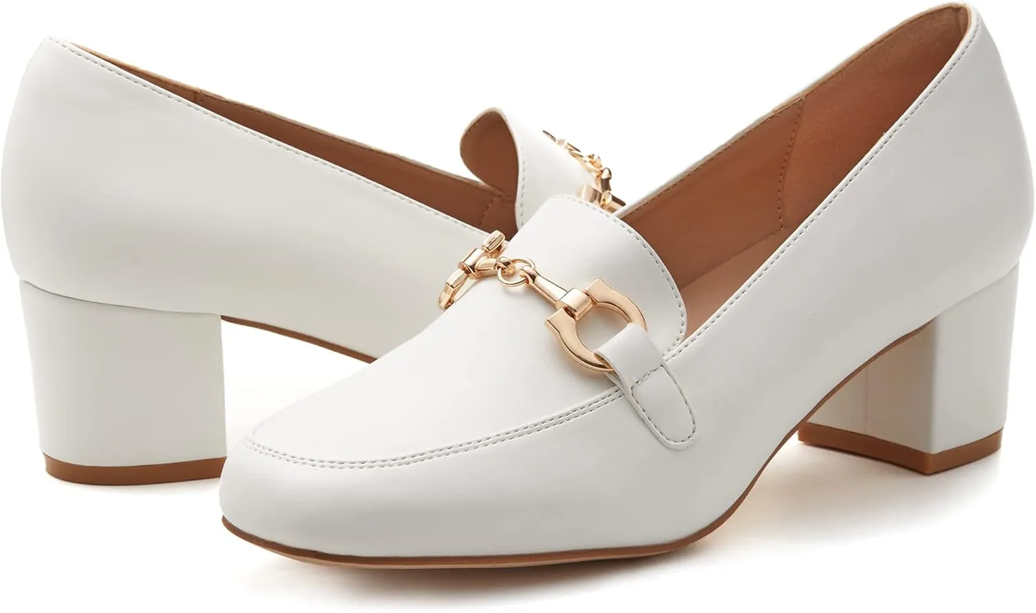 Women's Low Block Heel Pumps Slip On Chain Chunky Heel Closed Square Toe Comfortable Patent Leather Loafers Casual Dressy Business Office Work Shoes