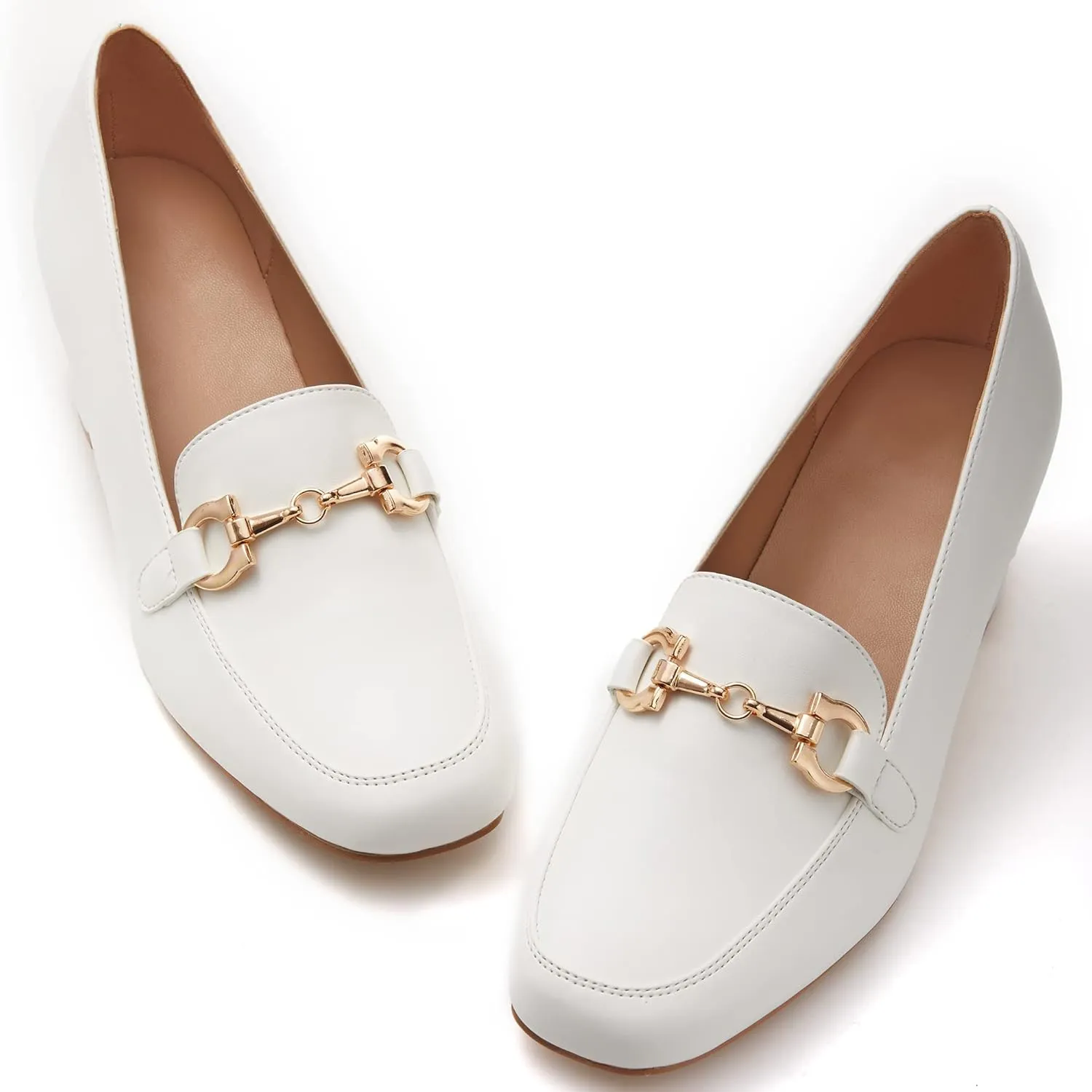 Women's Low Block Heel Pumps Slip On Chain Chunky Heel Closed Square Toe Comfortable Patent Leather Loafers Casual Dressy Business Office Work Shoes