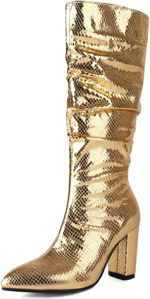 Women's Metallic Slouch Knee High Boots Block Heel Pointed Toe Faux Crocodile Long Boots