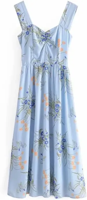 Womens Off Shoulder Blue Print Dress Vintage Sleeveless Slim Fit Party Dresses