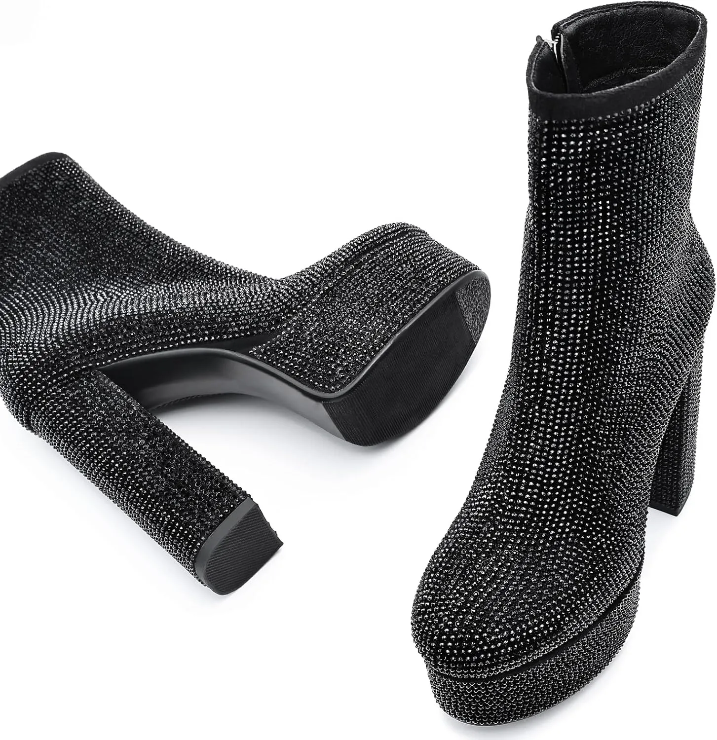 Women's Platform Ankle Boots Round Toe Zipper Rhinestone Sparkly Glitter Boots Chunky High Heel for Party Dress Halloween Cosplay