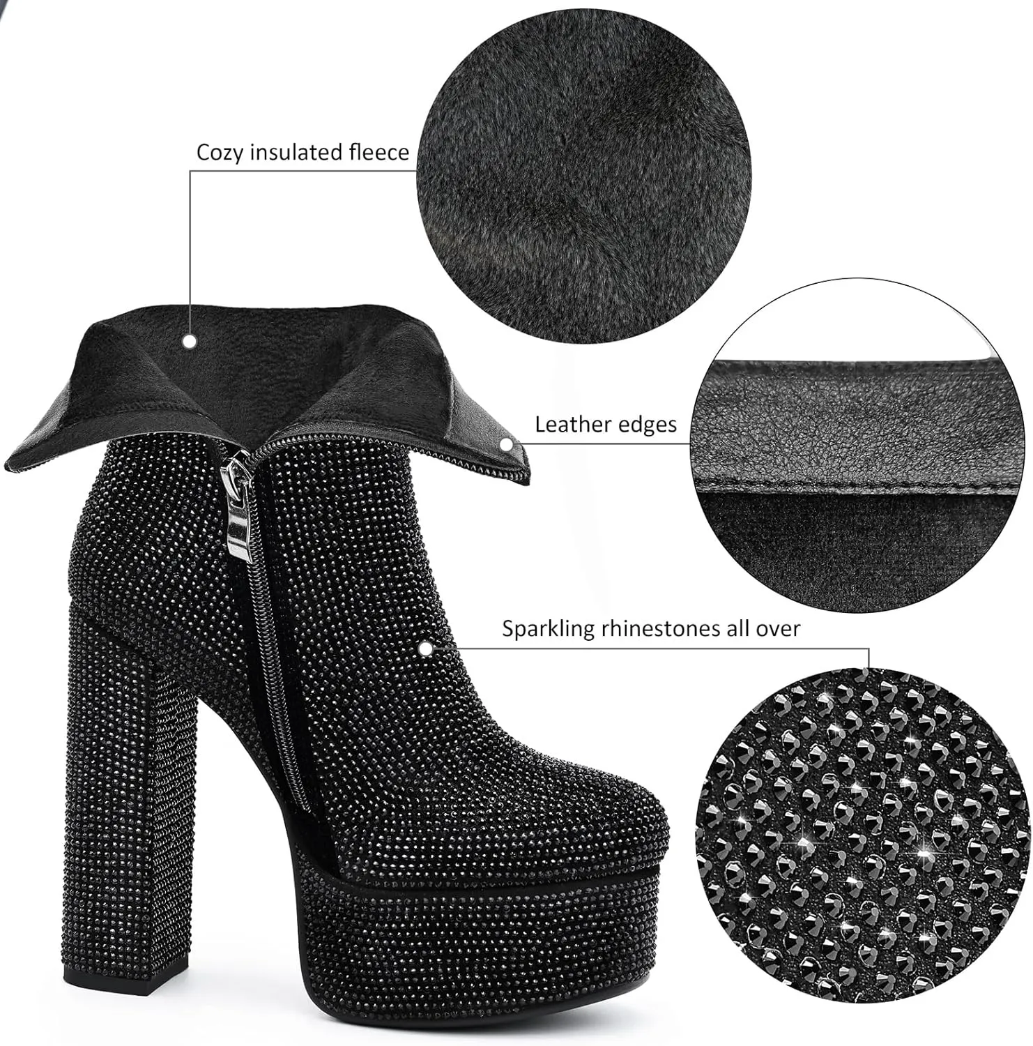 Women's Platform Ankle Boots Round Toe Zipper Rhinestone Sparkly Glitter Boots Chunky High Heel for Party Dress Halloween Cosplay