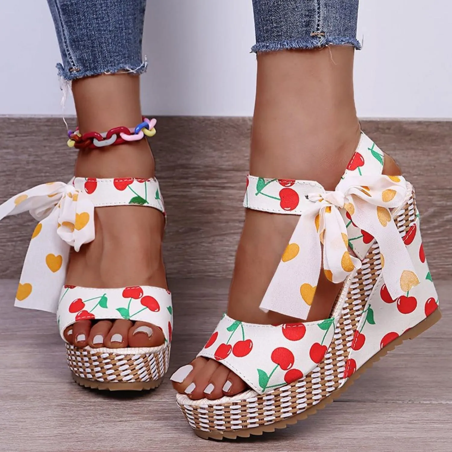 Womens Platform Espadrille Wedges Open Toe High Heel Floral Printed Slingback with Ankle Strap Bowknot Sandals Bow Dress Shoes Tie Lace Up Summer Sandal Wedding Dressy Beach Going Out Trendy Sandal
