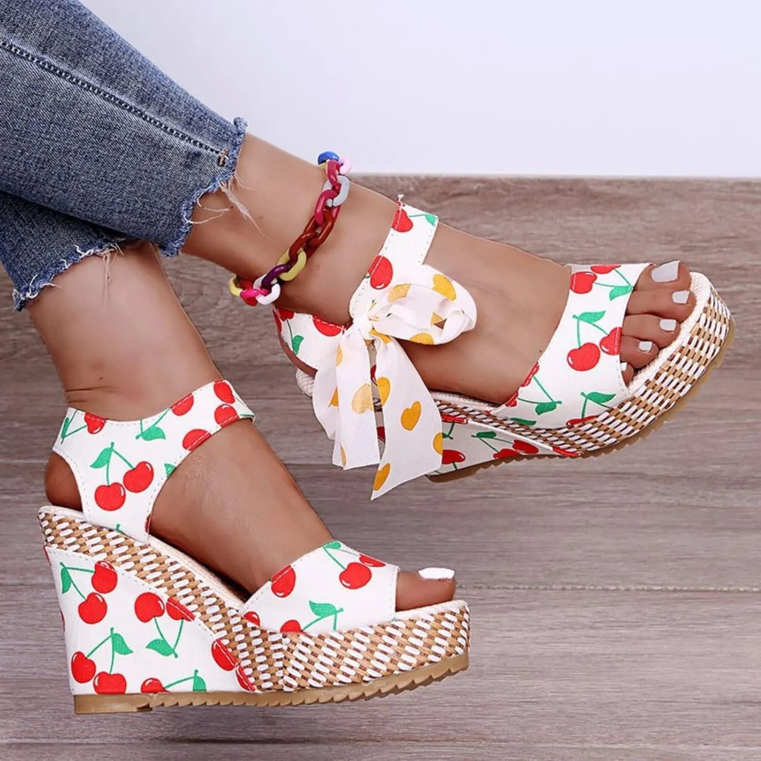 Womens Platform Espadrille Wedges Open Toe High Heel Floral Printed Slingback with Ankle Strap Bowknot Sandals Bow Dress Shoes Tie Lace Up Summer Sandal Wedding Dressy Beach Going Out Trendy Sandal