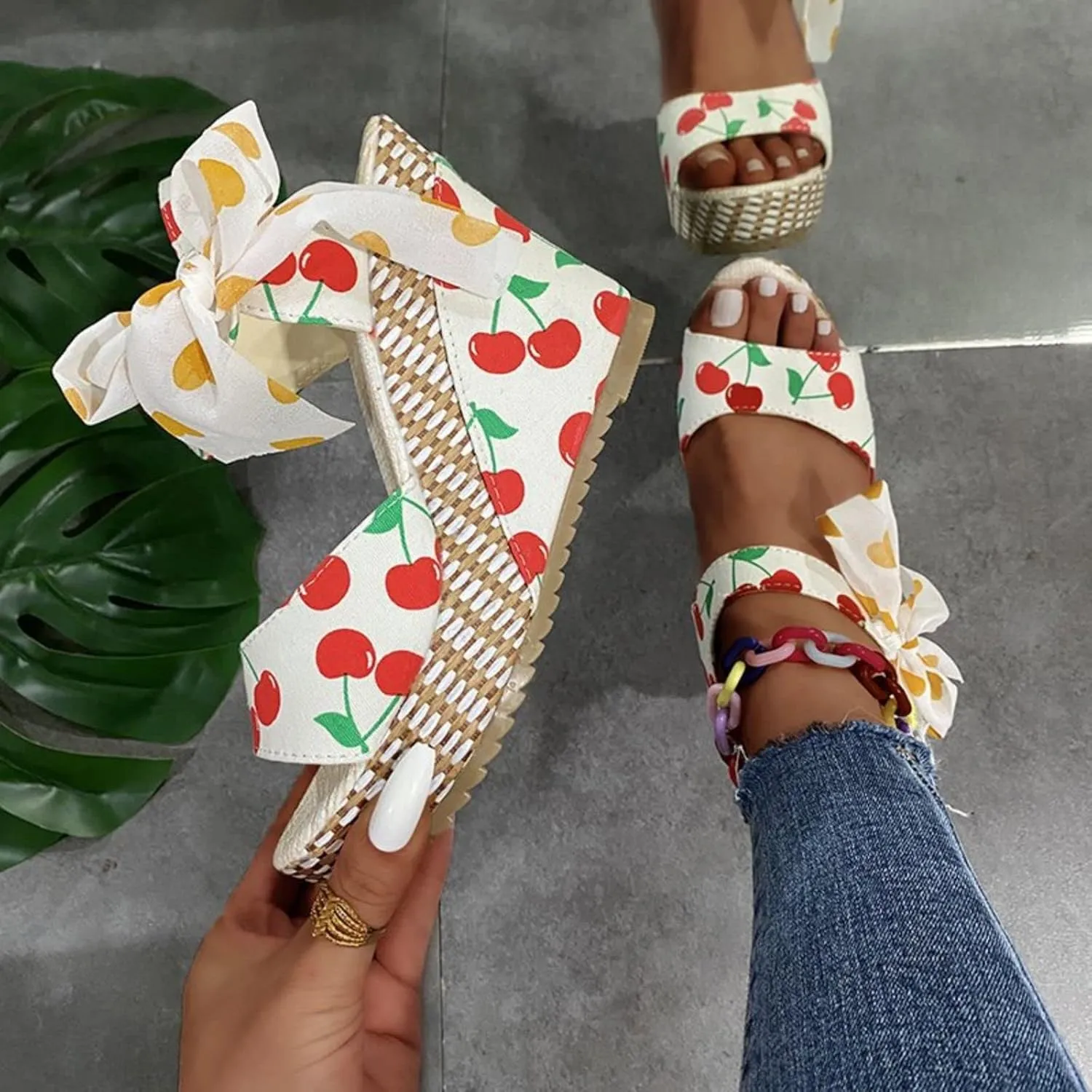 Womens Platform Espadrille Wedges Open Toe High Heel Floral Printed Slingback with Ankle Strap Bowknot Sandals Bow Dress Shoes Tie Lace Up Summer Sandal Wedding Dressy Beach Going Out Trendy Sandal