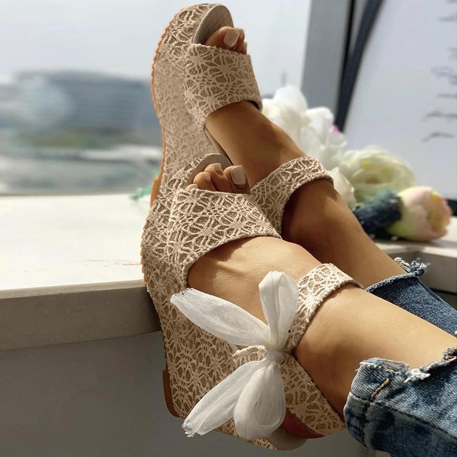 Women's Platform Sandals Wedge Open Toe Ankle Strap Lace Wedding Bridesmaid Shoes Dressy Casual Low Heel Wide Width