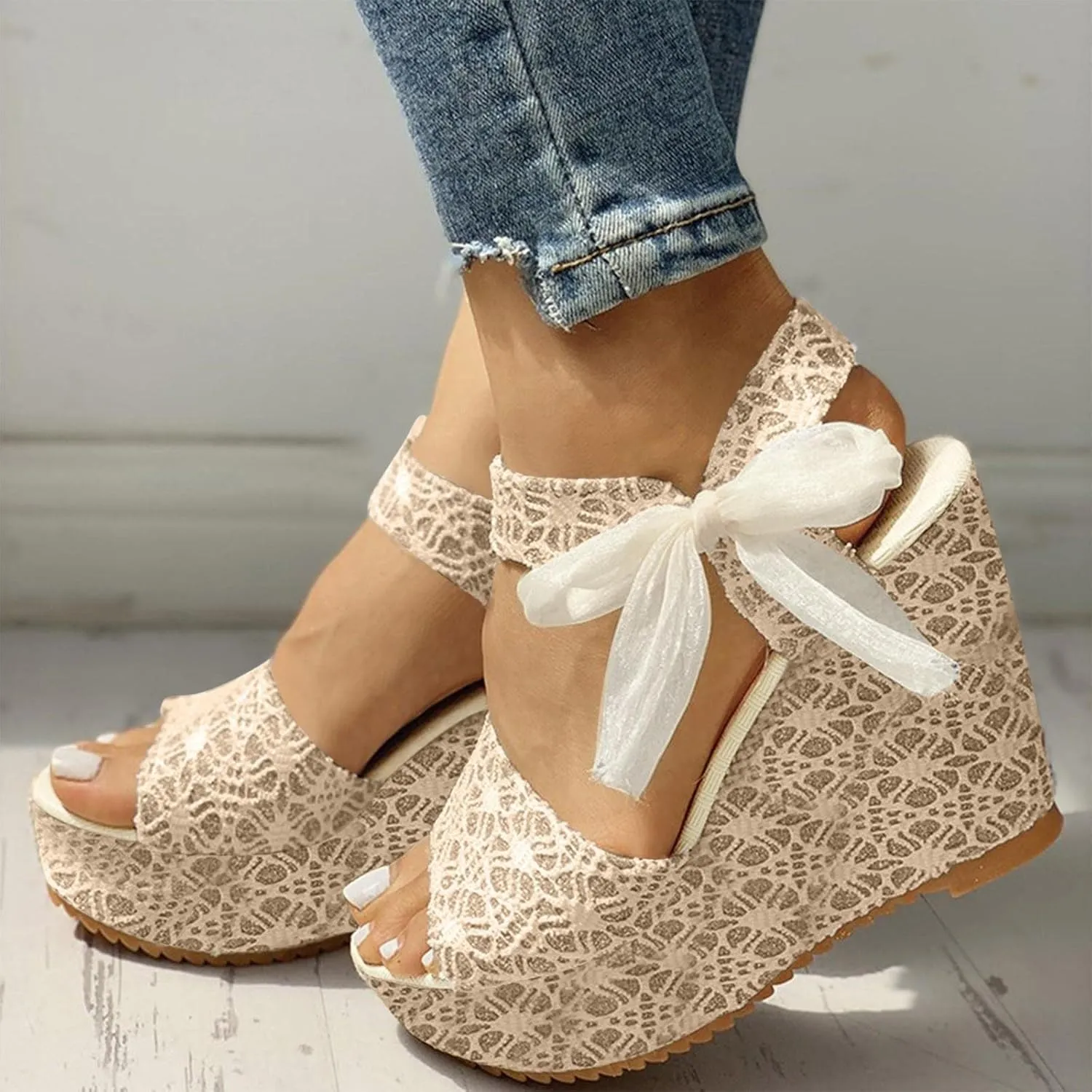 Women's Platform Sandals Wedge Open Toe Ankle Strap Lace Wedding Bridesmaid Shoes Dressy Casual Low Heel Wide Width