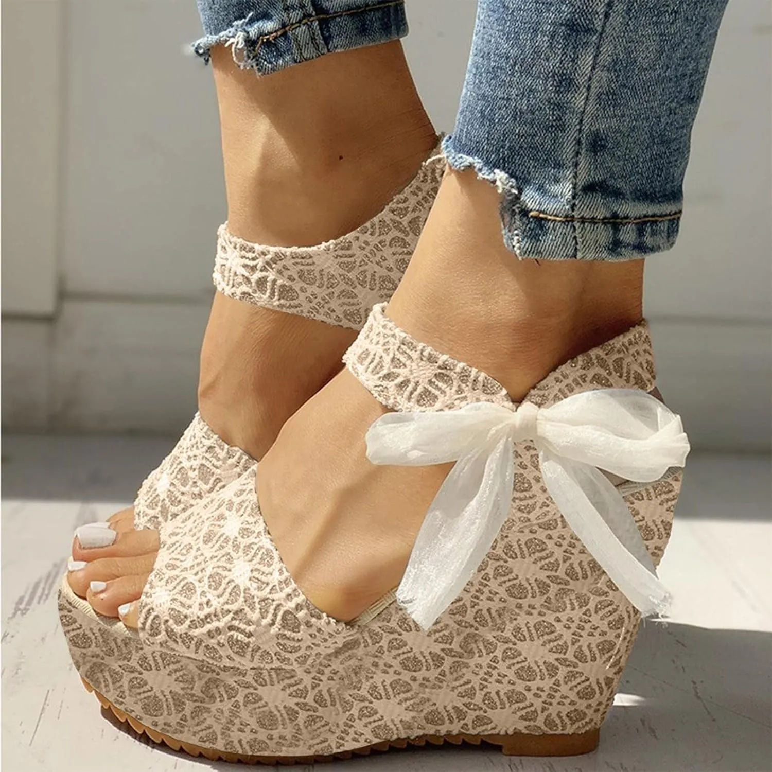 Women's Platform Sandals Wedge Open Toe Ankle Strap Lace Wedding Bridesmaid Shoes Dressy Casual Low Heel Wide Width