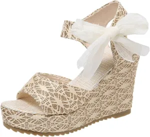 Women's Platform Sandals Wedge Open Toe Ankle Strap Lace Wedding Bridesmaid Shoes Dressy Casual Low Heel Wide Width