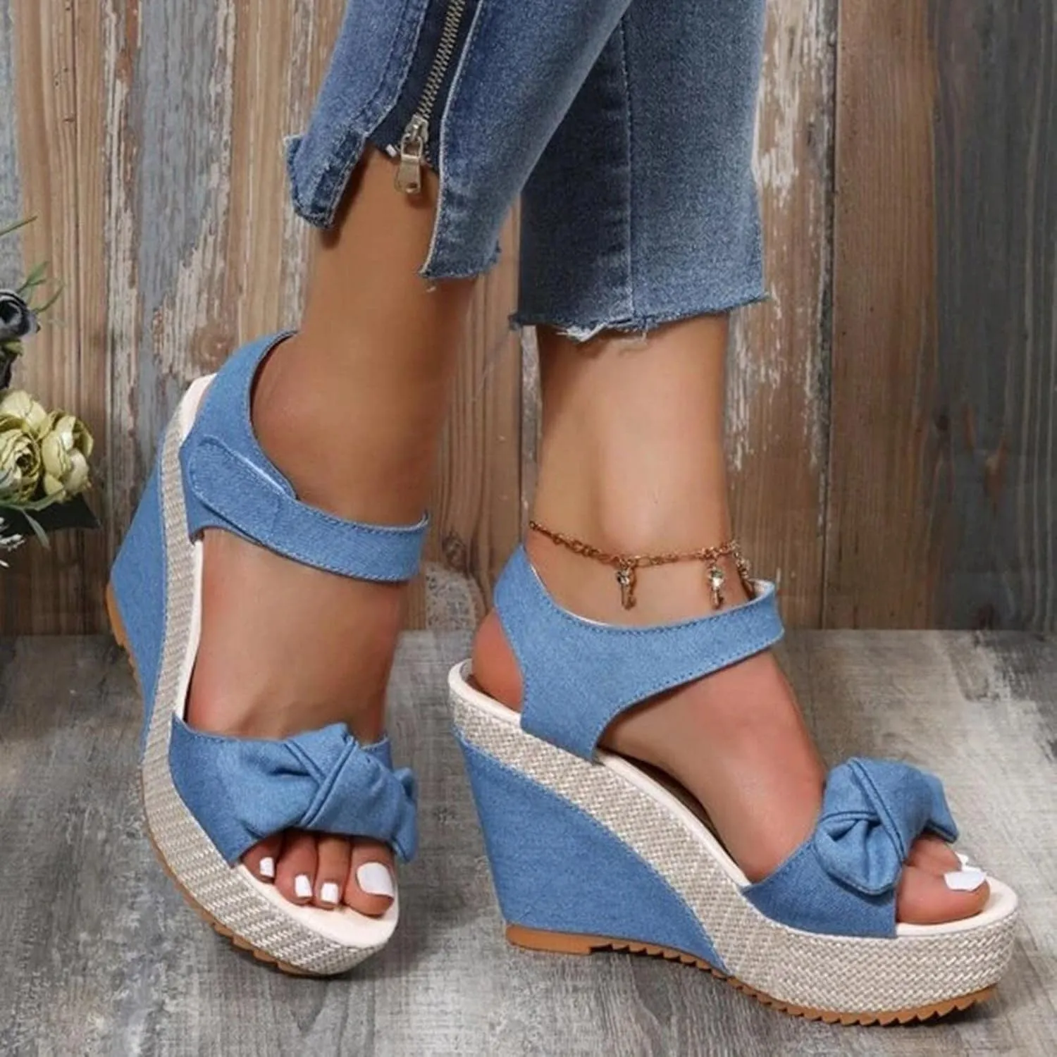 Women's Platform Sandals Wedge Open Toe Ankle Strap Lace Wedding Bridesmaid Shoes Low Heel Close Toe Rhinestone Dressy Casual