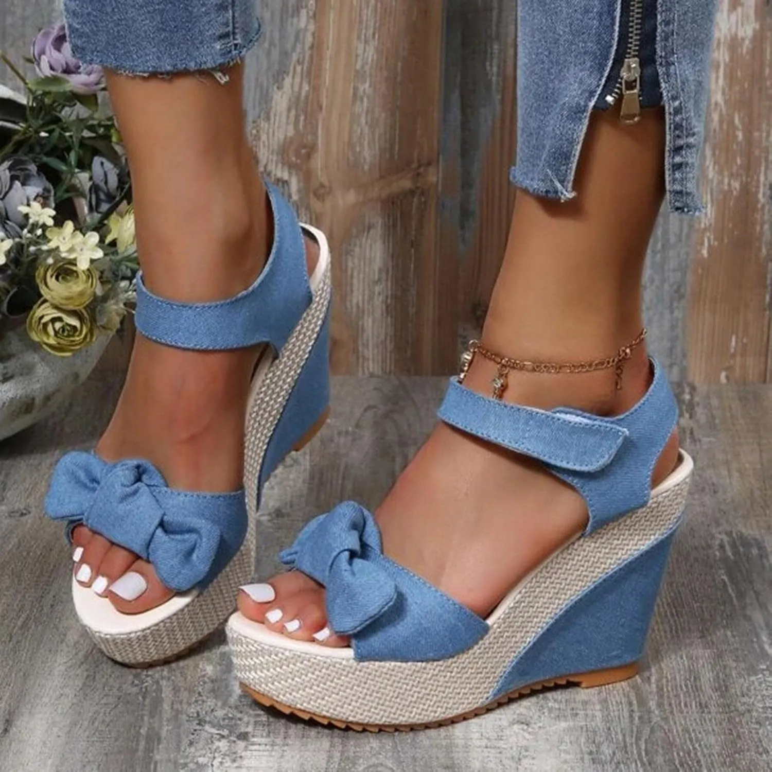 Women's Platform Sandals Wedge Open Toe Ankle Strap Lace Wedding Bridesmaid Shoes Low Heel Close Toe Rhinestone Dressy Casual