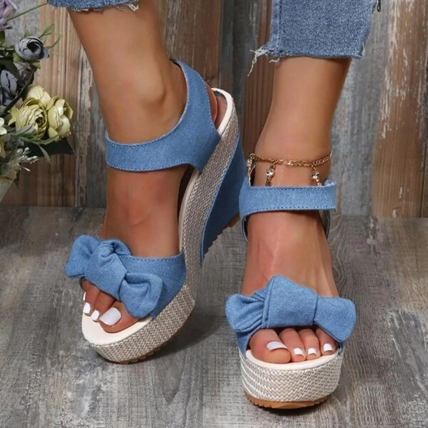 Women's Platform Sandals Wedge Open Toe Ankle Strap Lace Wedding Bridesmaid Shoes Low Heel Close Toe Rhinestone Dressy Casual