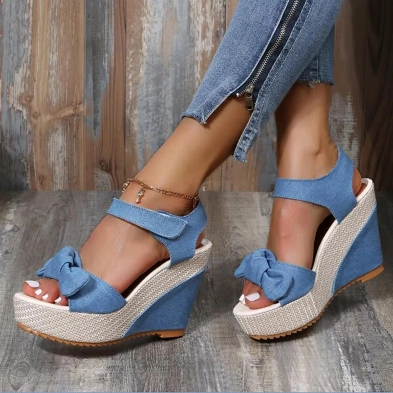 Women's Platform Sandals Wedge Open Toe Ankle Strap Lace Wedding Bridesmaid Shoes Low Heel Close Toe Rhinestone Dressy Casual