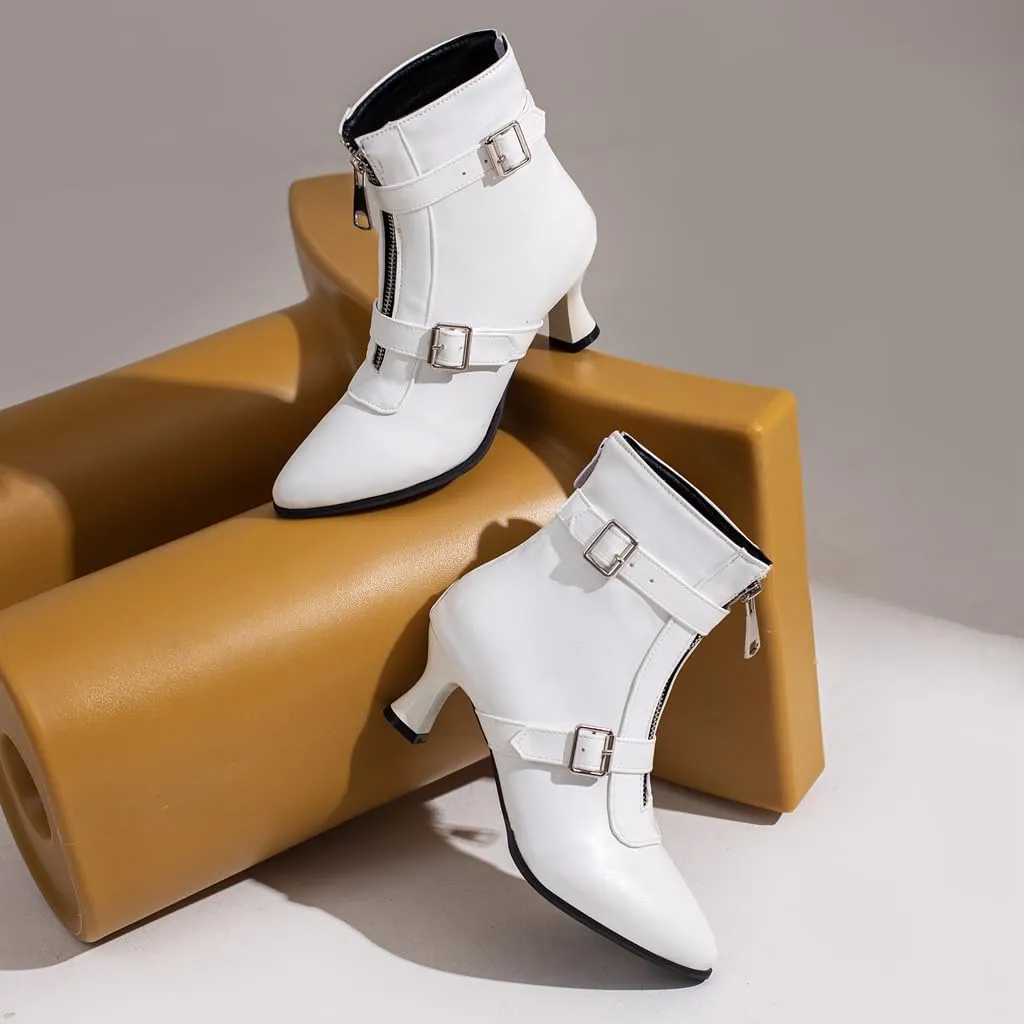 Women's Pointed Toe Kitten Low Heels Ankle Booties Buckle Zipper Winter Elegant Dressy Short Boots