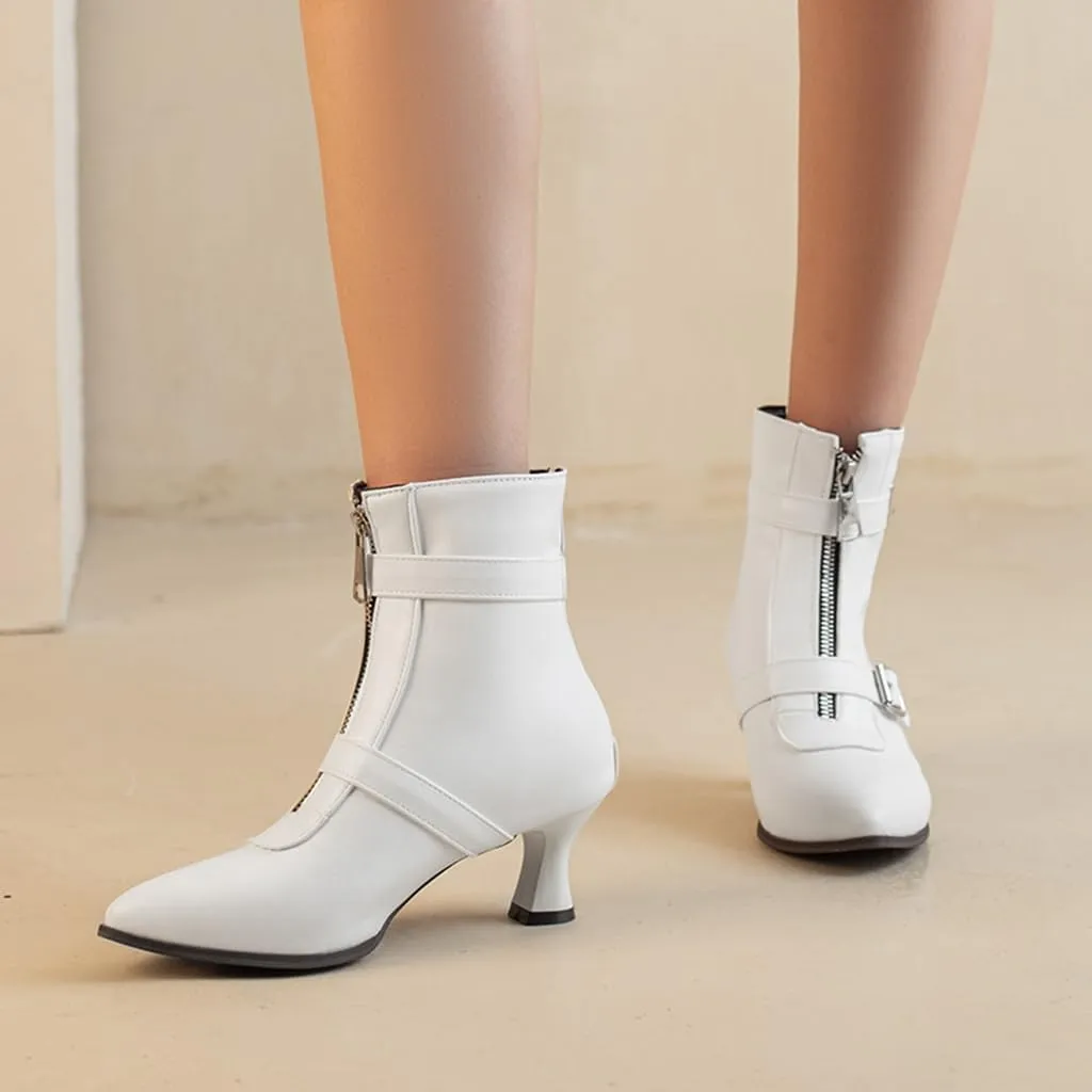 Women's Pointed Toe Kitten Low Heels Ankle Booties Buckle Zipper Winter Elegant Dressy Short Boots