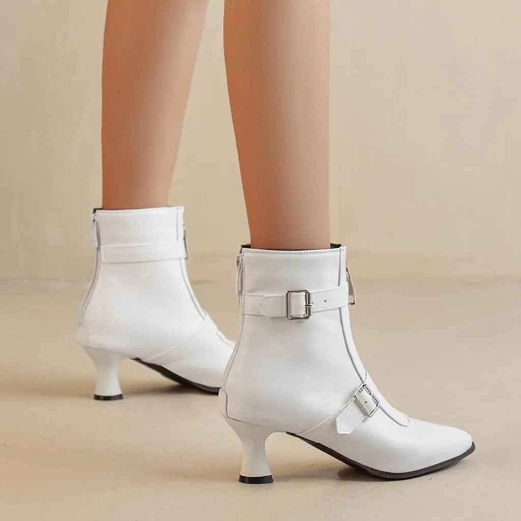 Women's Pointed Toe Kitten Low Heels Ankle Booties Buckle Zipper Winter Elegant Dressy Short Boots