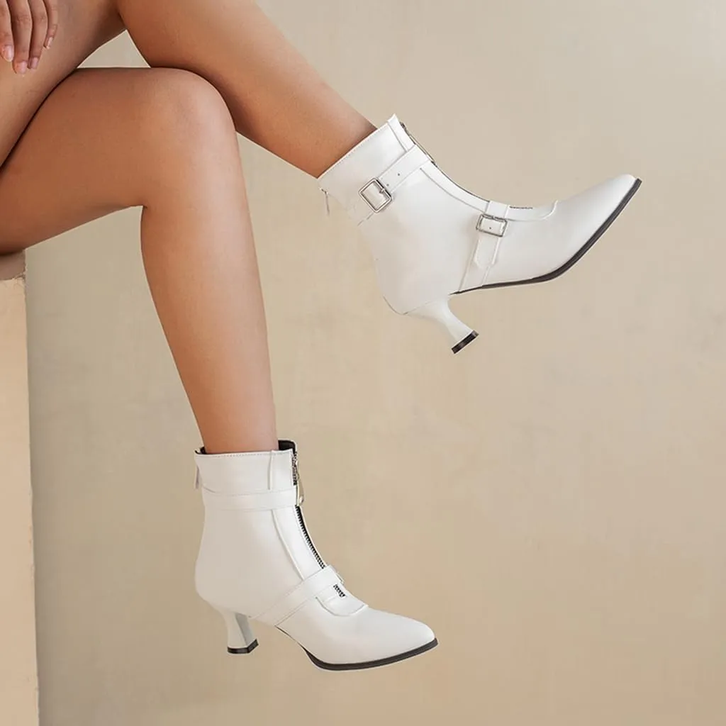 Women's Pointed Toe Kitten Low Heels Ankle Booties Buckle Zipper Winter Elegant Dressy Short Boots