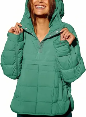 Women's Pullover Puffer Jacket Hooded Oversized Lightweight Quilted Jacket Winter Warm Padded Coat