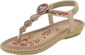 Womens Sandals Bohemia Flowers Sequins Dress Shoes Summer Flat Casual Ankle Strap Elastic Slip on Beach Sandal