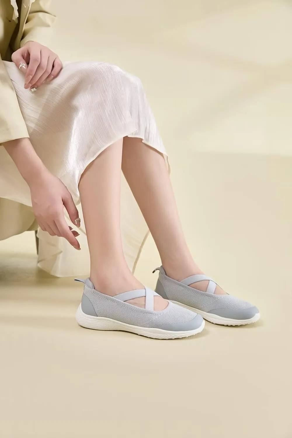 Women's Slip On Walking Shoes Knit Cross Belt Low-Wedge Dressy Ballet Flats Comfortable Sneakers