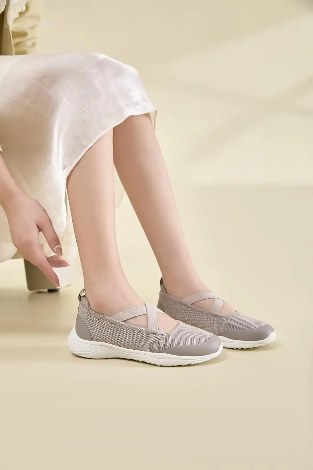 Women's Slip On Walking Shoes Knit Cross Belt Low-Wedge Dressy Ballet Flats Comfortable Sneakers