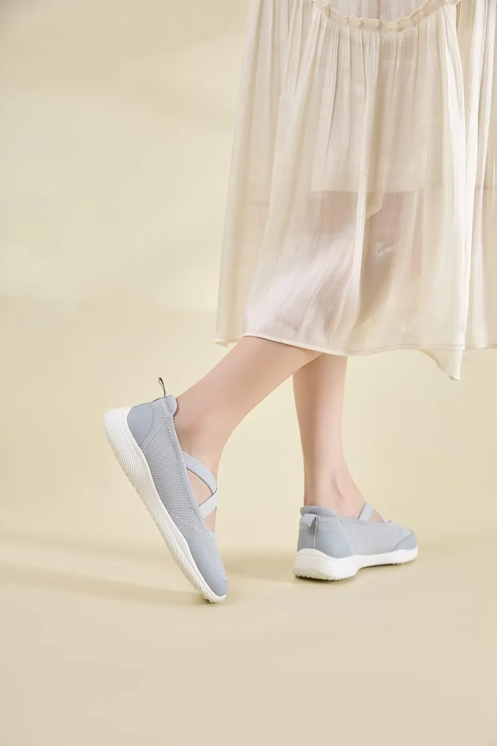 Women's Slip On Walking Shoes Knit Cross Belt Low-Wedge Dressy Ballet Flats Comfortable Sneakers