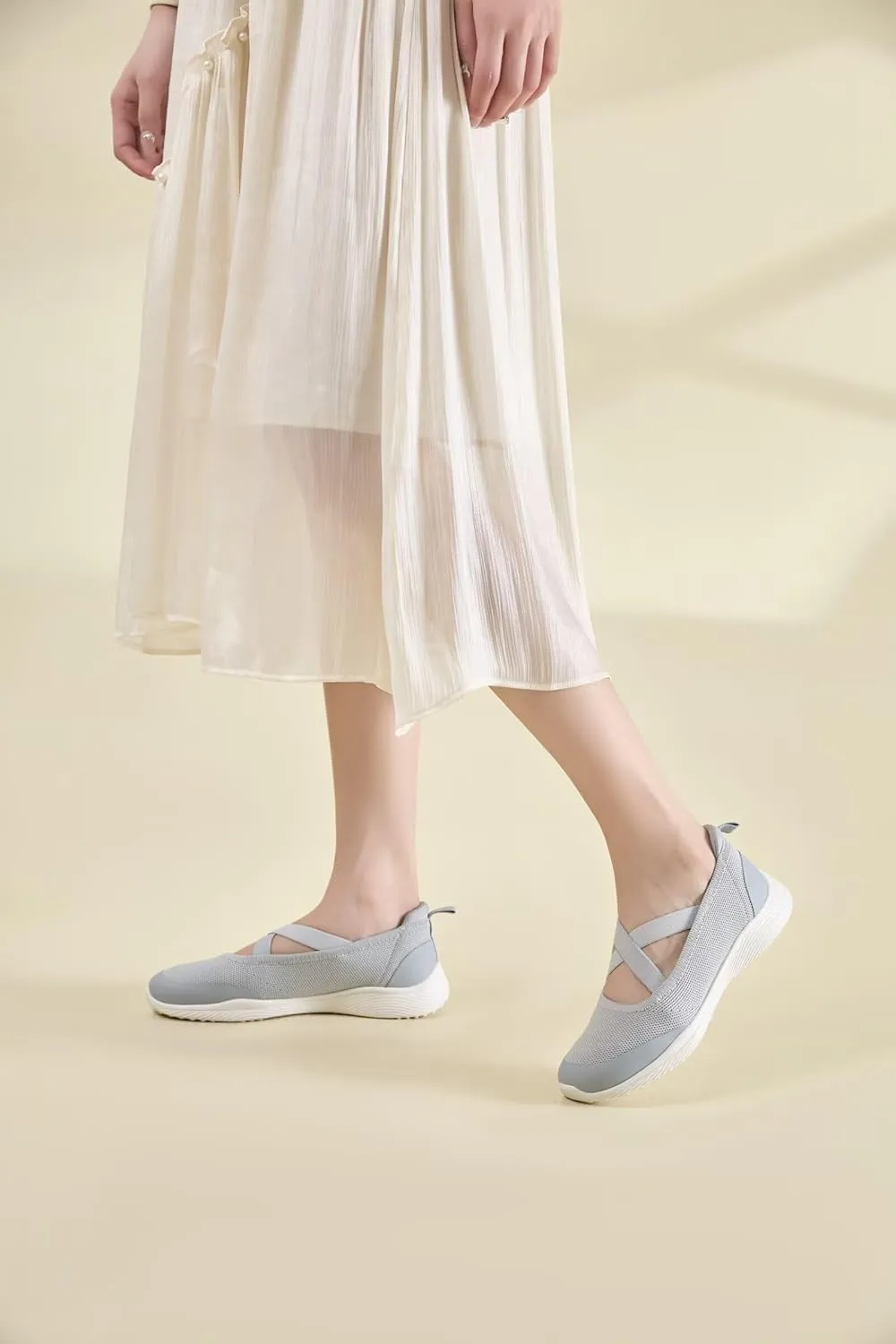 Women's Slip On Walking Shoes Knit Cross Belt Low-Wedge Dressy Ballet Flats Comfortable Sneakers