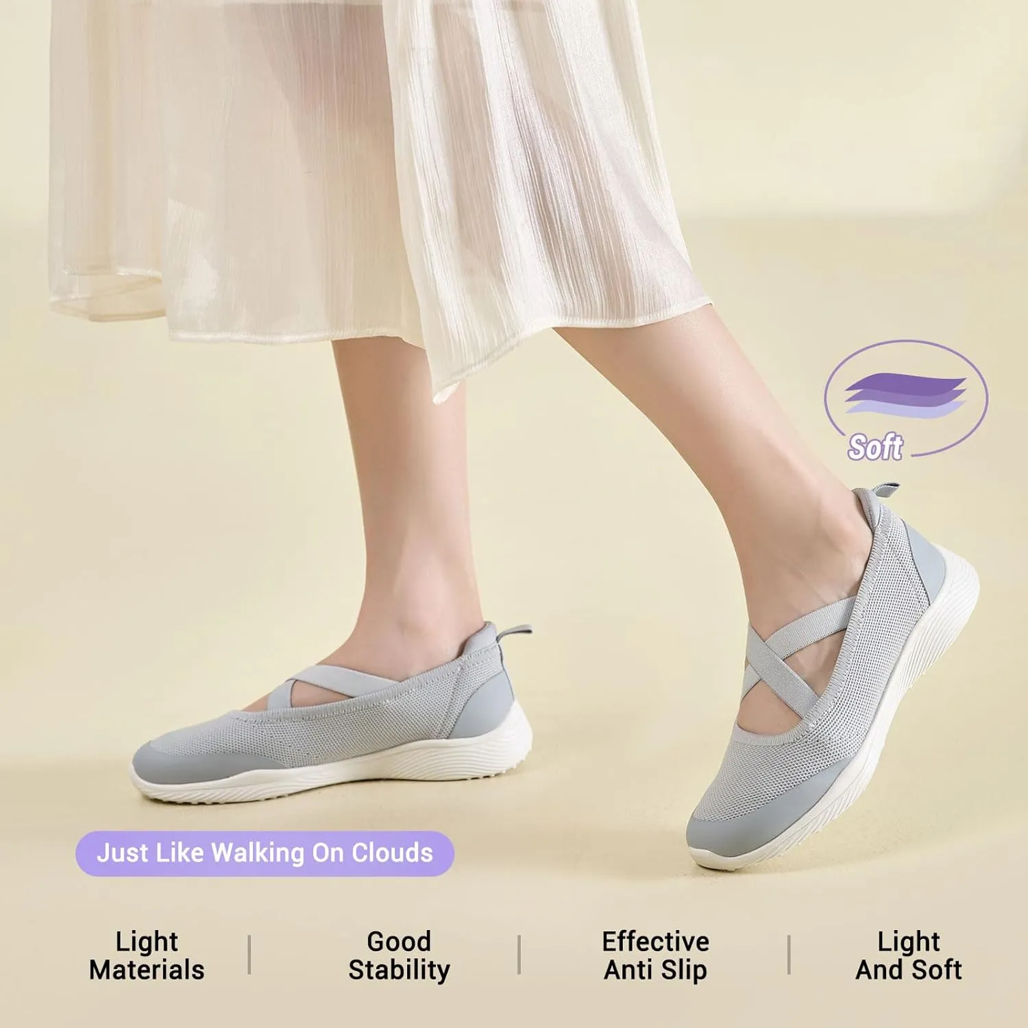 Women's Slip On Walking Shoes Knit Cross Belt Low-Wedge Dressy Ballet Flats Comfortable Sneakers