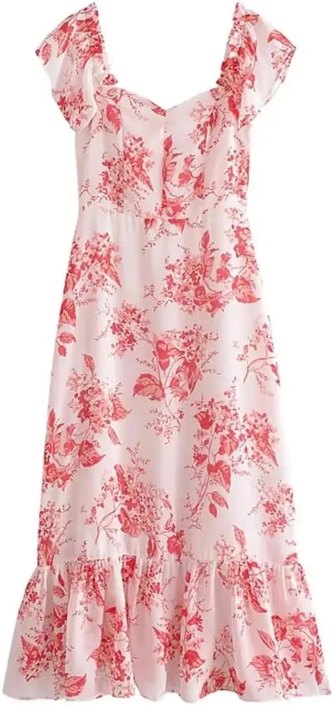 Womens Spaghetti Strap Floral Dress Vintage Asymmetrical Wrap Sundress Party Midi Dresses