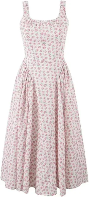 Womens Spaghetti Strap Printed Dress Pleated Decoration Waistless Sleeveless Dresses