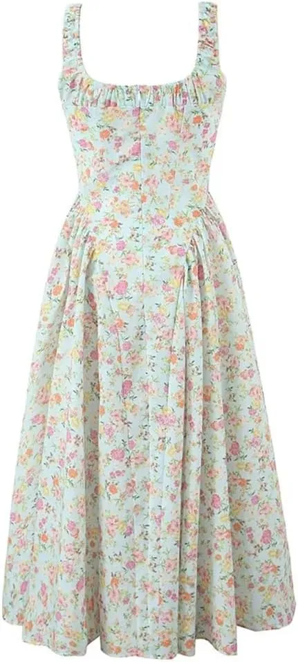 Womens Spaghetti Strap Printed Dress Pleated Decoration Waistless Sleeveless Dresses