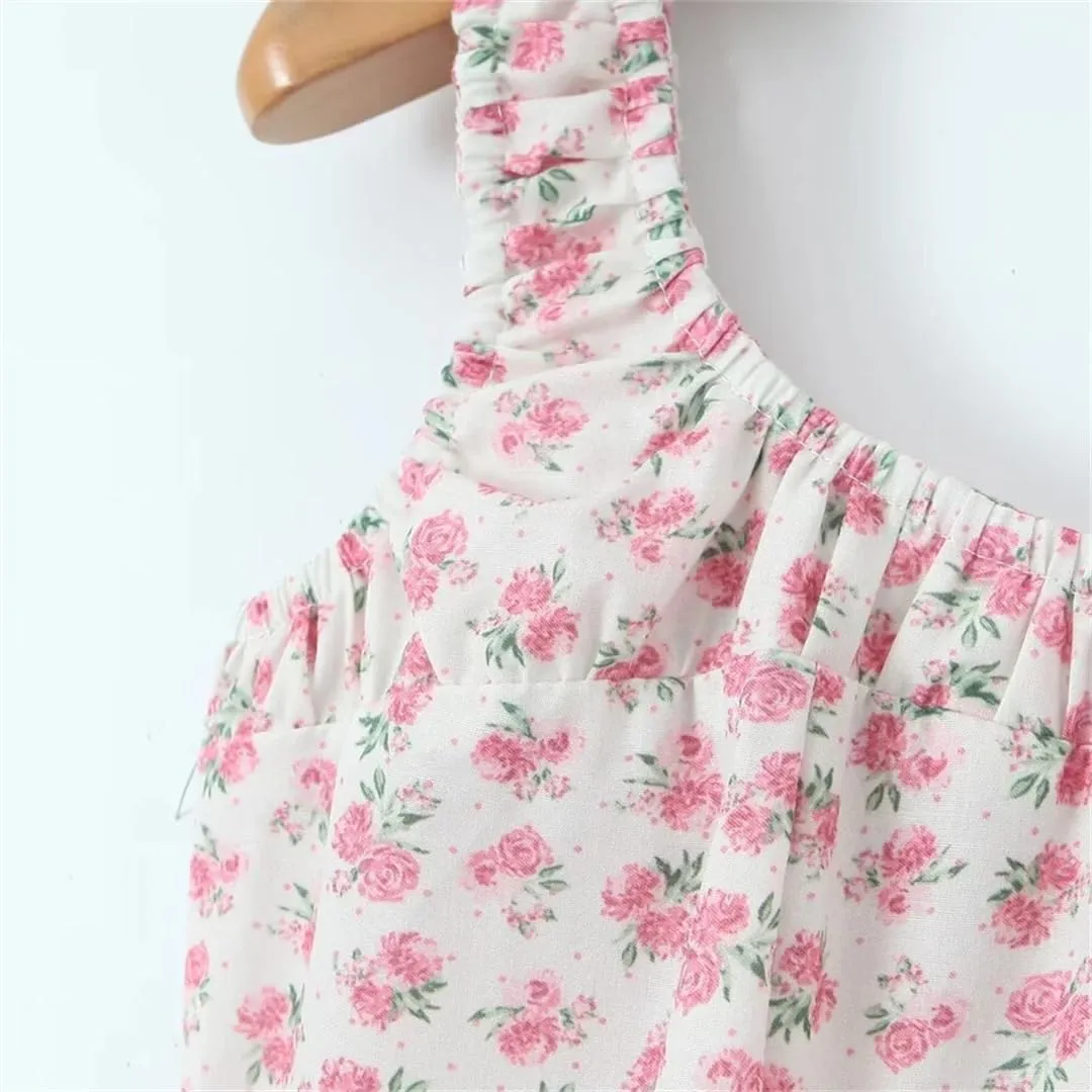 Womens Spaghetti Strap Printed Dress Pleated Decoration Waistless Sleeveless Dresses