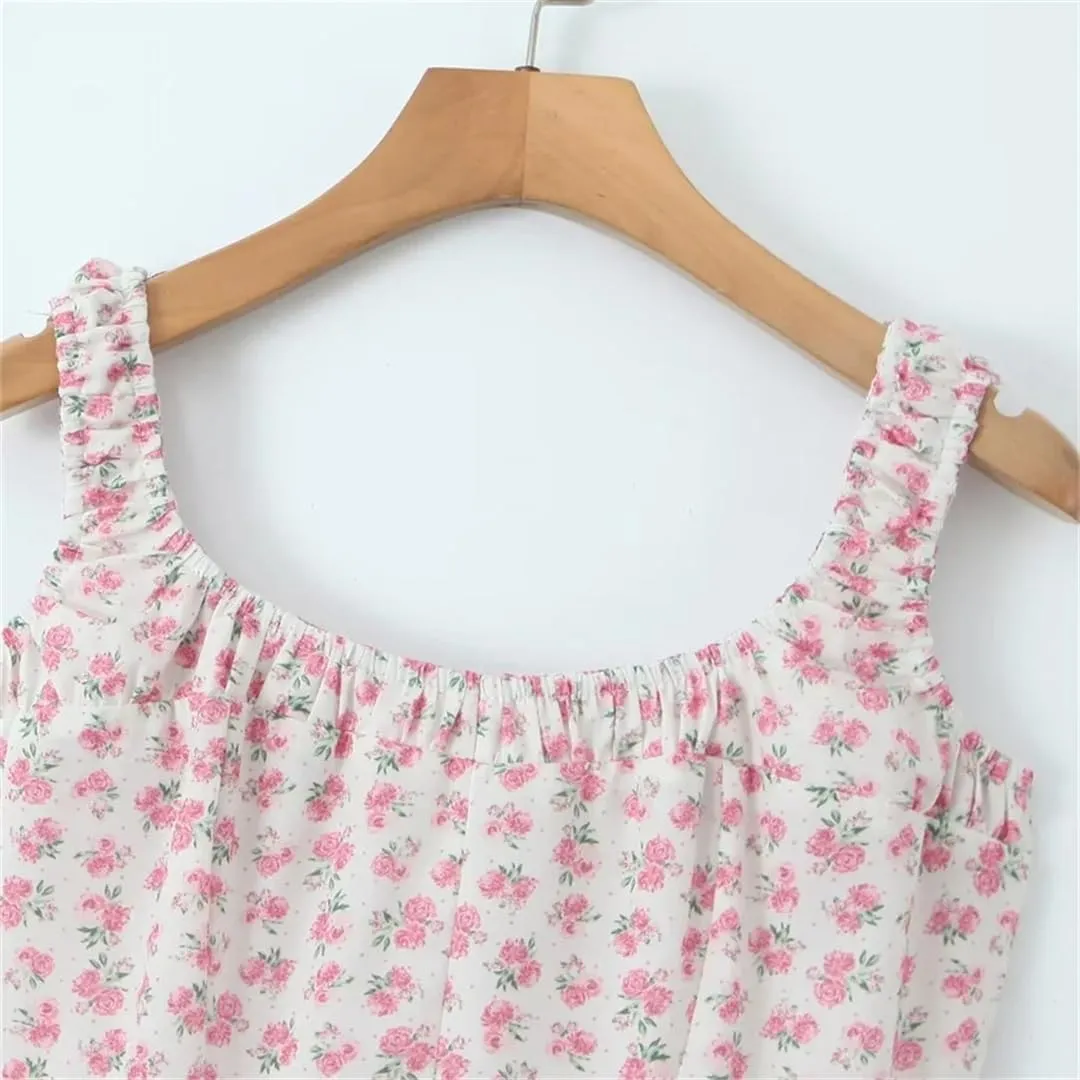 Womens Spaghetti Strap Printed Dress Pleated Decoration Waistless Sleeveless Dresses