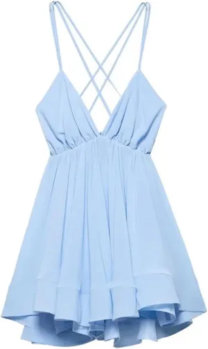 Womens Spaghetti Strap Solid Color Mini Dress A-Line Backless V-Neck Casual Sundress
