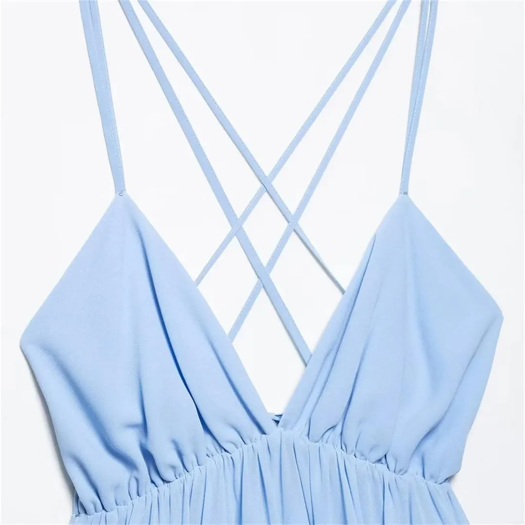 Womens Spaghetti Strap Solid Color Mini Dress A-Line Backless V-Neck Casual Sundress