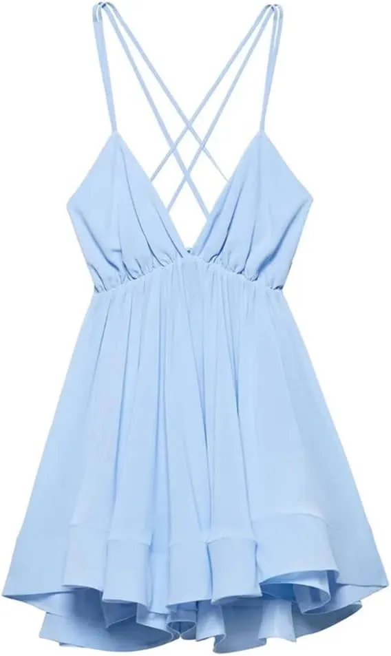 Womens Spaghetti Strap Solid Color Mini Dress A-Line Backless V-Neck Casual Sundress
