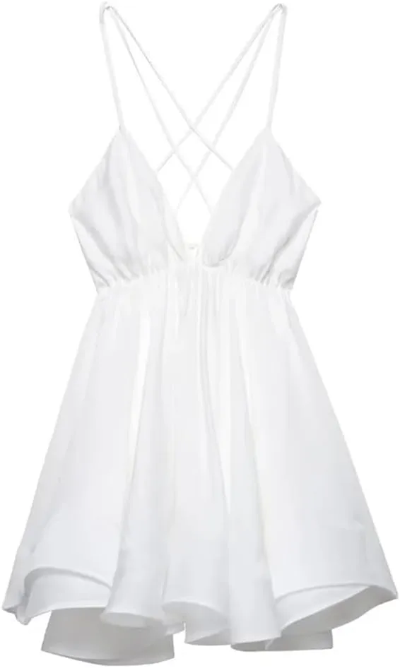 Womens Spaghetti Strap Solid Color Mini Dress A-Line Backless V-Neck Casual Sundress